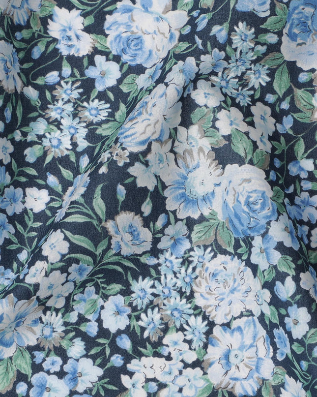 Midnight Blossom Cotton Lawn Fabric - Deep Blue Digital Floral Print, 110 cm Wide - Buy Online for Chic Creations-D18135