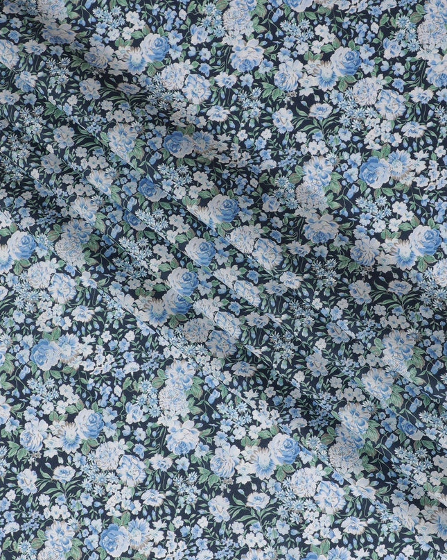 Midnight Blossom Cotton Lawn Fabric - Deep Blue Digital Floral Print, 110 cm Wide - Buy Online for Chic Creations-D18135