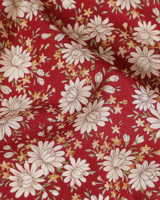 Crimson Daisy Delight Cotton Lawn Fabric - Vibrant Digital Print, 110 cm Wide - Shop Online for Bold Fashion Statements-D18138 Regal Fabrics