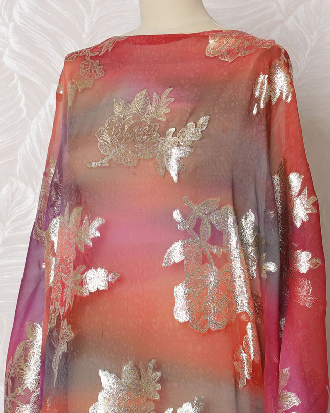 Sunset Bloom Pure Silk Chiffon Dirac Fabric with Metallic Lurex - 140cm Width, 3.5 Mtrs Length - Buy Online-D18194