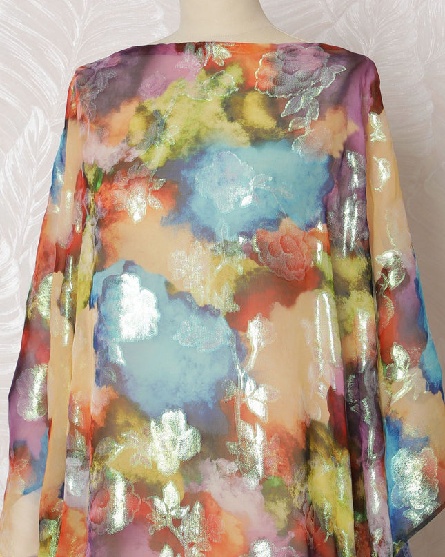 Impressionist Garden Pure Silk Chiffon Dirac Fabric with Metallic Lurex - 140cm Width, 3.5 Mtrs Length - Buy Online-D18198