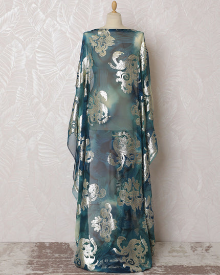 Regal Teal Pure Silk Chiffon Dirac Fabric with Metallic Lurex - 140cm Wide, 3.5 Mtrs Length - Buy Online-D18200 Regal Fabrics