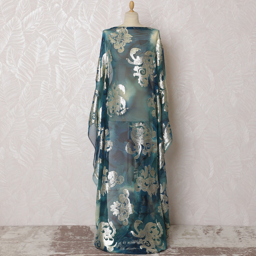 Regal Teal Pure Silk Chiffon Dirac Fabric with Metallic Lurex - 140cm Wide, 3.5 Mtrs Length - Buy Online-D18200 Regal Fabrics