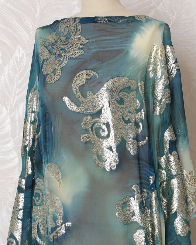 Regal Teal Pure Silk Chiffon Dirac Fabric with Metallic Lurex - 140cm Wide, 3.5 Mtrs Length - Buy Online-D18200