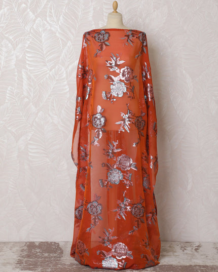 Traditional Rust-Red Silk Chiffon Dirac Fabric with Silver Lurex - 140cm, 3.5 Mtrs Piece - Purchase Online-D18206