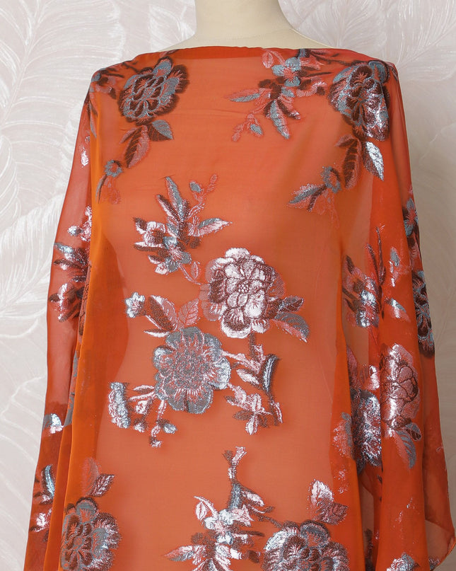 Traditional Rust-Red Silk Chiffon Dirac Fabric with Silver Lurex - 140cm, 3.5 Mtrs Piece - Purchase Online-D18206