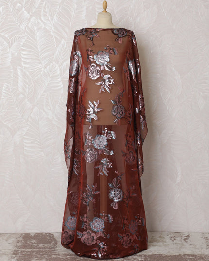 Classic Maroon Silk Chiffon Dirac Fabric with Silver Lurex Accents - 140cm x 3.5 Mtrs - Buy Online-D18207