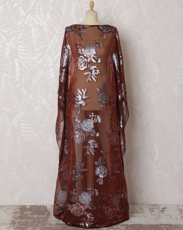 قماش ديراك شيفون حريري كستنائي كلاسيكي مع لمسات من اللوريكس الفضي - 140 سم × 3.5 متر - شراء عبر الإنترنت-D18207