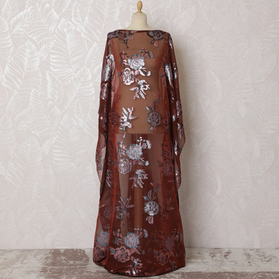 Classic Maroon Silk Chiffon Dirac Fabric with Silver Lurex Accents - 140cm x 3.5 Mtrs - Buy Online-D18207