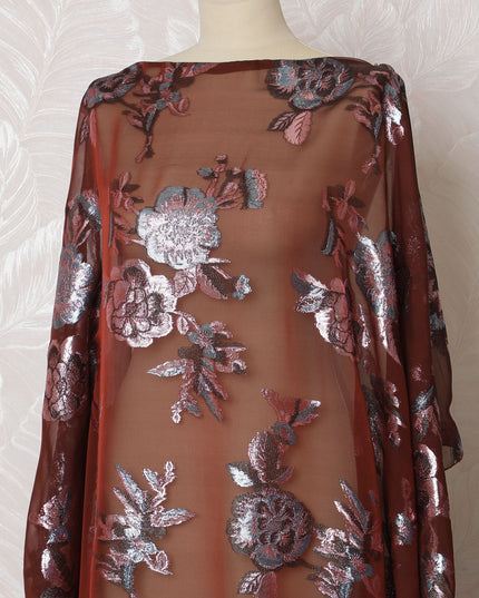 Classic Maroon Silk Chiffon Dirac Fabric with Silver Lurex Accents - 140cm x 3.5 Mtrs - Buy Online-D18207