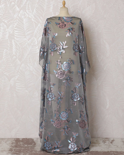 Elegant Smokey Grey Silk Chiffon Dirac Fabric with Blue Lurex Floral Patterns - 140cm x 3.5 Mtrs Length - Buy Online-D18208 Regal Fabrics