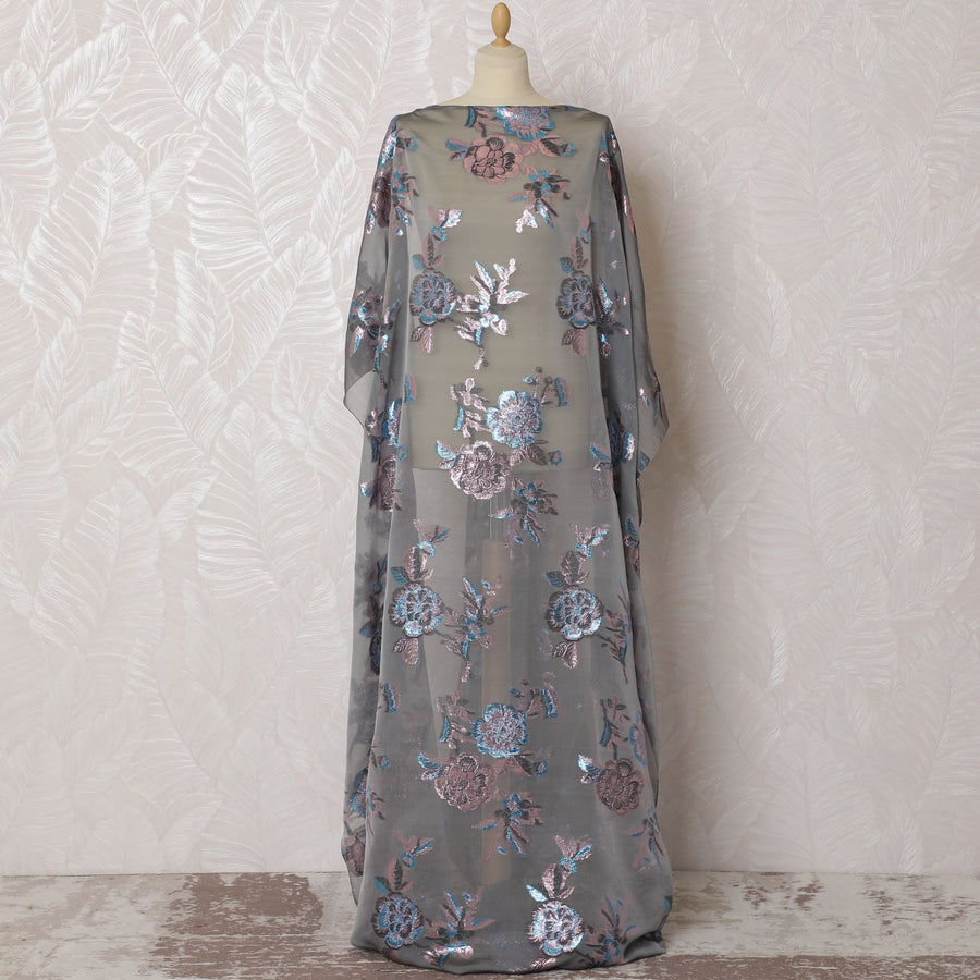 Elegant Smokey Grey Silk Chiffon Dirac Fabric with Blue Lurex Floral Patterns - 140cm x 3.5 Mtrs Length - Buy Online-D18208 Regal Fabrics
