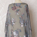 Elegant Smokey Grey Silk Chiffon Dirac Fabric with Blue Lurex Floral Patterns - 140cm x 3.5 Mtrs Length - Buy Online-D18208 Regal Fabrics