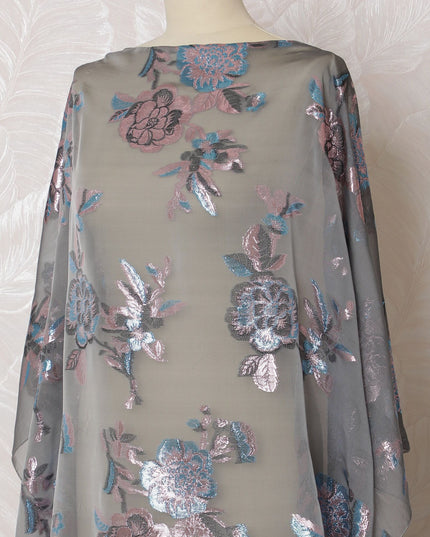 Elegant Smokey Grey Silk Chiffon Dirac Fabric with Blue Lurex Floral Patterns - 140cm x 3.5 Mtrs Length - Buy Online-D18208 Regal Fabrics