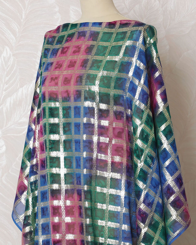 Artisanal Checkered Rainbow Silk Chiffon Dirac Fabric with Lurex - 140cm x 3.5 Mtrs Length - Purchase Online-D18211