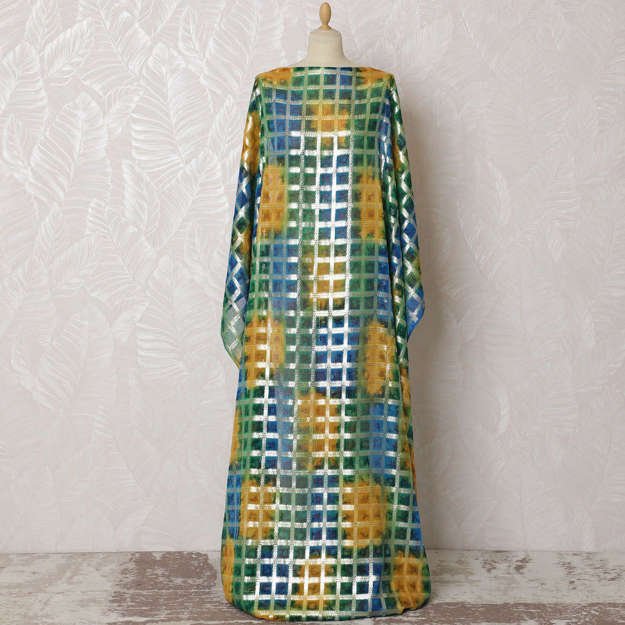 Luminous Gold and Emerald Silk Chiffon Dirac Fabric with Lurex - 140cm x 3.5 Mtrs Length - Shop Online-D18212