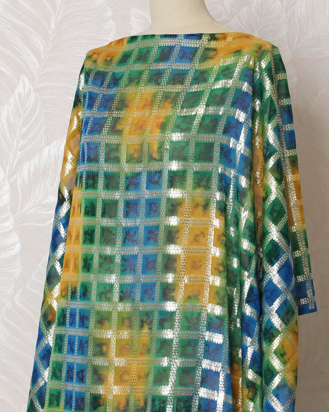 Luminous Gold and Emerald Silk Chiffon Dirac Fabric with Lurex - 140cm x 3.5 Mtrs Length - Shop Online-D18212