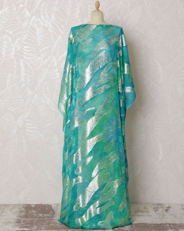 قماش ديراك شيفون حرير أكوا مارين مع أمواج لوركس فضية - طول 140 سم × 3.5 متر - شراء عبر الإنترنت-D18214