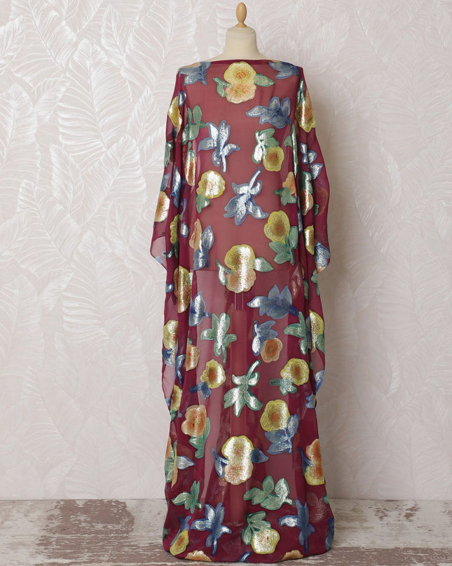 Luxe Floral Burgundy Silk Chiffon Dirac Fabric with Golden Lurex - 140cm x 3.5 Mtrs Length - Shop Online-D18215