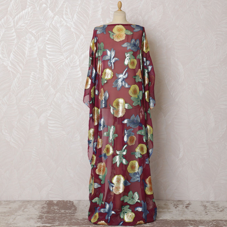 Luxe Floral Burgundy Silk Chiffon Dirac Fabric with Golden Lurex - 140cm x 3.5 Mtrs Length - Shop Online-D18215