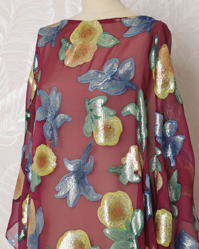 Luxe Floral Burgundy Silk Chiffon Dirac Fabric with Golden Lurex - 140cm x 3.5 Mtrs Length - Shop Online-D18215