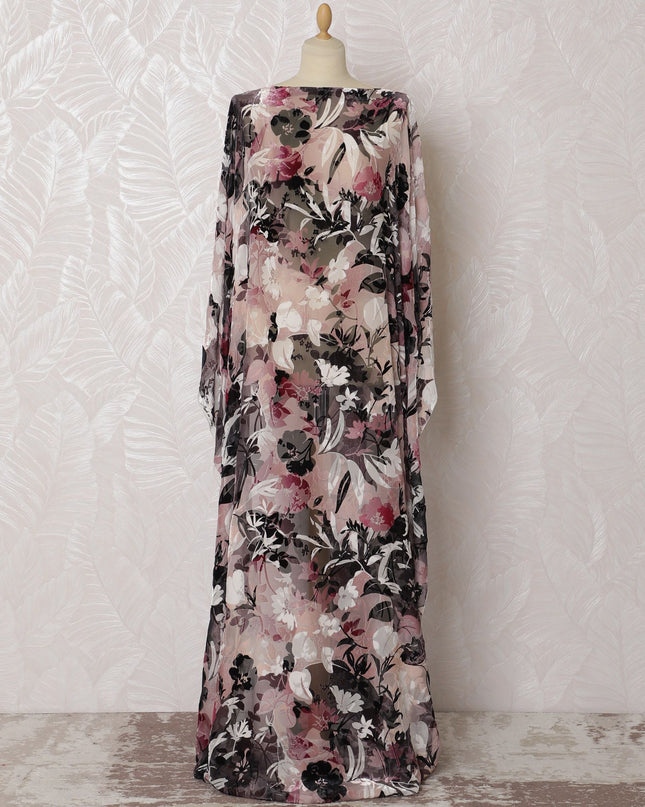 Blush Noir Floral Silk Chiffon Velvet Dirac Fabric - 140cm Wide - Italian Sophistication - 3.5 Meters Piece -D18294