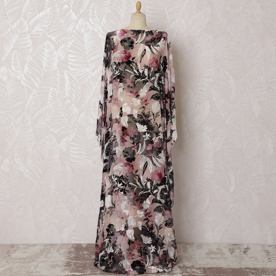 Blush Noir Floral Silk Chiffon Velvet Dirac Fabric - 140cm Wide - Italian Sophistication - 3.5 Meters Piece -D18294