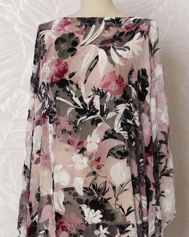 Blush Noir Floral Silk Chiffon Velvet Dirac Fabric - 140cm Wide - Italian Sophistication - 3.5 Meters Piece -D18294