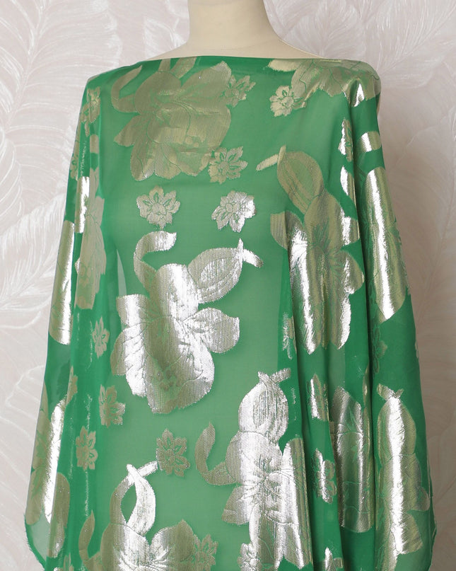 Verdant Glory Silk Chiffon Lurex Dirac Fabric - 140cm Wide - South Korean Artistry - 3.5 Meters Piece -D18305