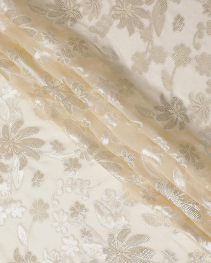 قماش شيفون حرير لوركس معدني أنيق بعرض 110 سم – تصميم زهور ذهبية فاخرة-D18380