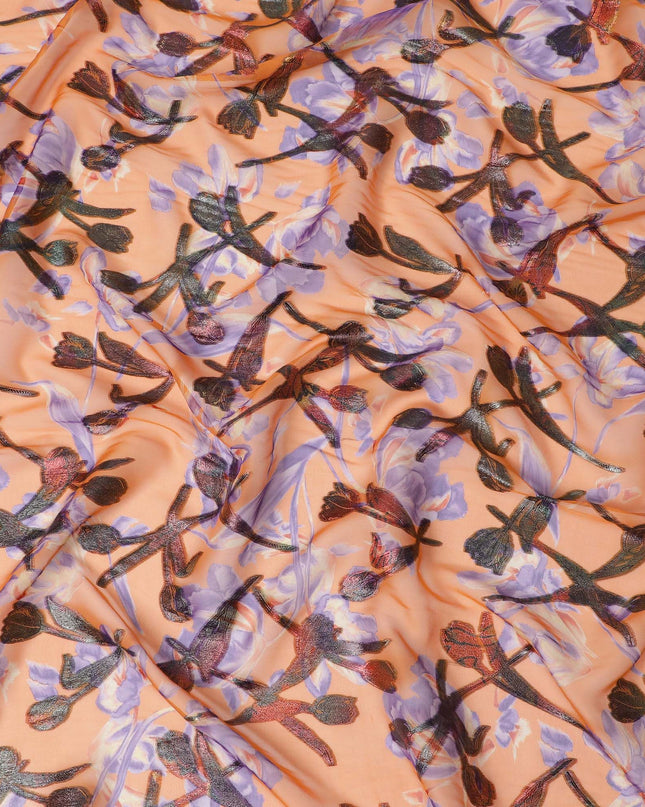 Apricot Blossom Silk Chiffon Fabric with Metallic Lurex Accents, 110cm Wide – Whimsical Floral Elegance-D18390
