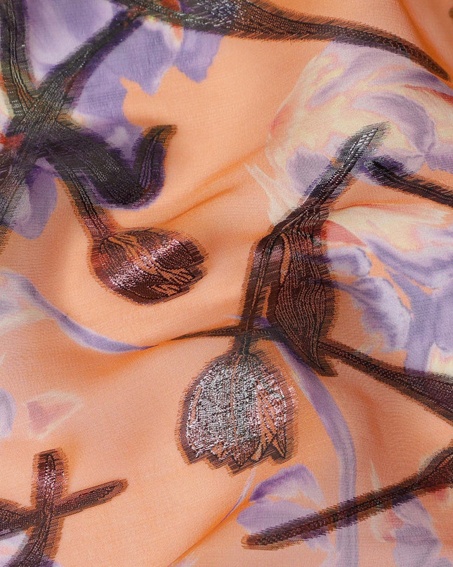 Apricot Blossom Silk Chiffon Fabric with Metallic Lurex Accents, 110cm Wide – Whimsical Floral Elegance-D18390