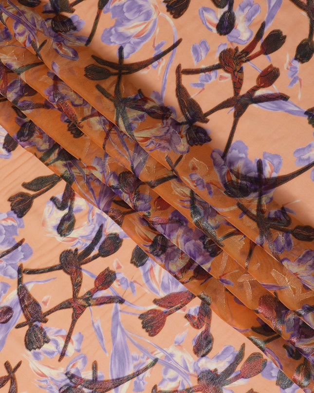 Apricot Blossom Silk Chiffon Fabric with Metallic Lurex Accents, 110cm Wide – Whimsical Floral Elegance-D18390