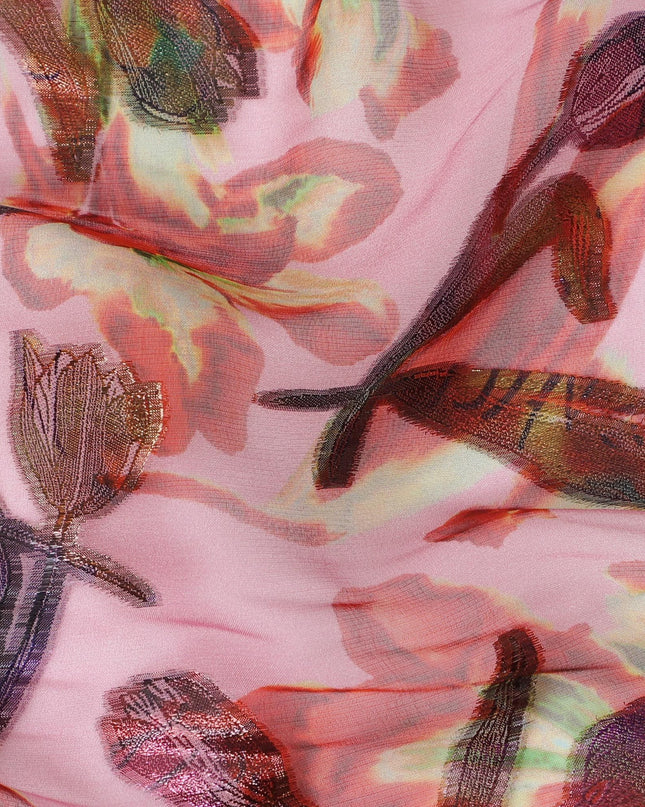 قماش الشيفون الحريري Blush Garden مع اللوريكس المعدني، بعرض 110 سم – خيال الزهور للأزياء الراقية-D18391