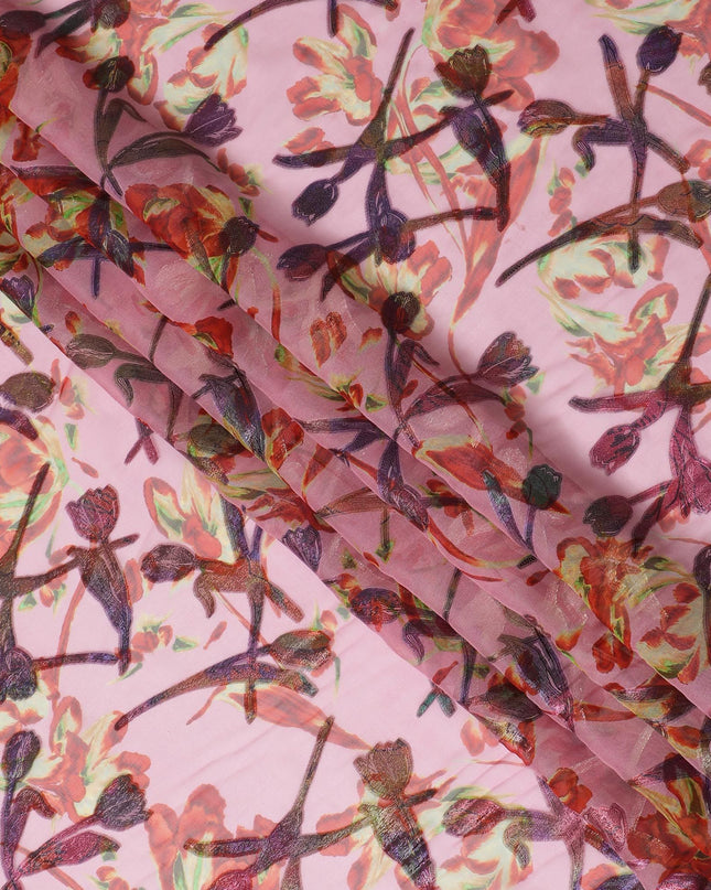 قماش الشيفون الحريري Blush Garden مع اللوريكس المعدني، بعرض 110 سم – خيال الزهور للأزياء الراقية-D18391