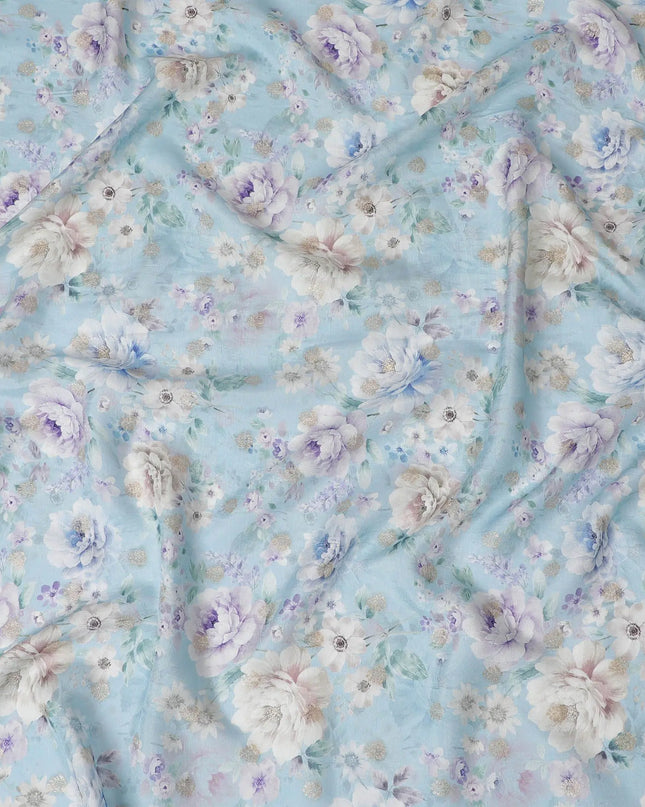 Serene Sky Blue Viscose Crepe Fabric with Floral Print, 110cm Wide â€“ Delicate Daydream-D18407 Regal Fabrics