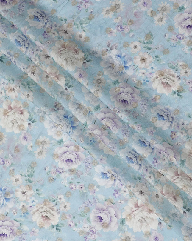 Serene Sky Blue Viscose Crepe Fabric with Floral Print, 110cm Wide â€“ Delicate Daydream-D18407 Regal Fabrics