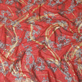 Crimson red Premium pure Italian cotton voile fabric with black, grey print having golden foil in abstract design-D15704