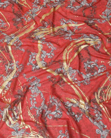 Crimson red Premium pure Italian cotton voile fabric with black, grey print having golden foil in abstract design-D15704