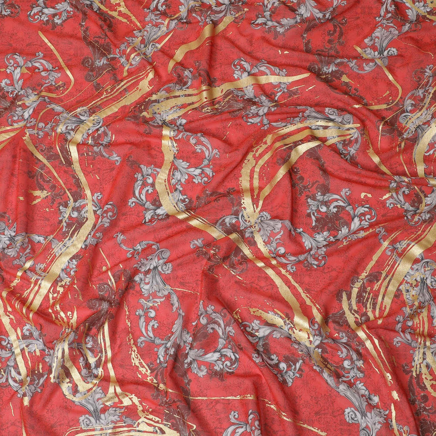 Crimson red Premium pure Italian cotton voile fabric with black, grey print having golden foil in abstract design-D15704