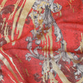 Crimson red Premium pure Italian cotton voile fabric with black, grey print having golden foil in abstract design-D15704