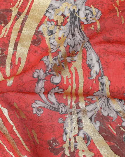 Crimson red Premium pure Italian cotton voile fabric with black, grey print having golden foil in abstract design-D15704