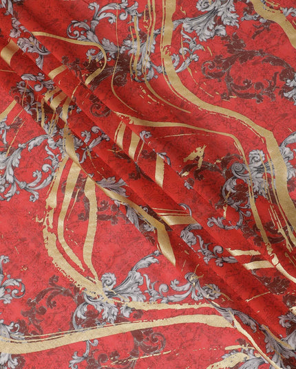 Crimson red Premium pure Italian cotton voile fabric with black, grey print having golden foil in abstract design-D15704