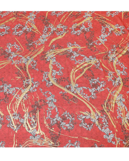 Crimson red Premium pure Italian cotton voile fabric with black, grey print having golden foil in abstract design-D15704
