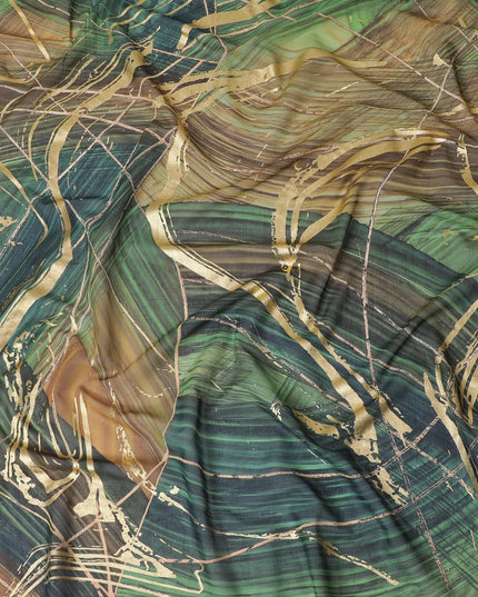 Forest green Premium pure Italian cotton voile fabric with same tone, black, petrol blue print having golden foil in abstract design-D15705