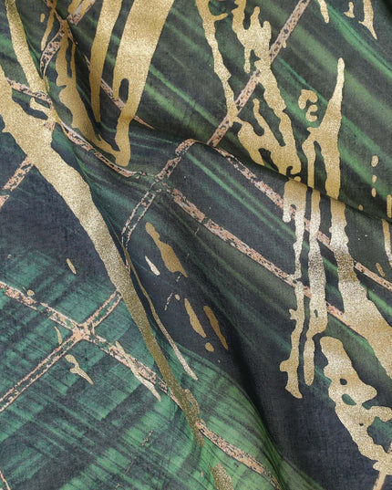 Forest green Premium pure Italian cotton voile fabric with same tone, black, petrol blue print having golden foil in abstract design-D15705