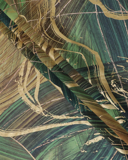 Forest green Premium pure Italian cotton voile fabric with same tone, black, petrol blue print having golden foil in abstract design-D15705