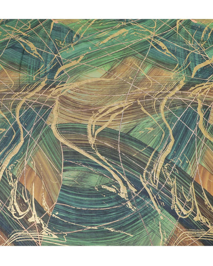 Forest green Premium pure Italian cotton voile fabric with same tone, black, petrol blue print having golden foil in abstract design-D15705