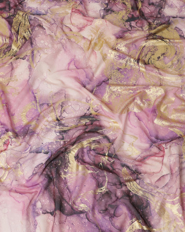 Light pink Premium Pure Italian cotton voile fabric with multicolor print having golden foil in abstract design-D15706
