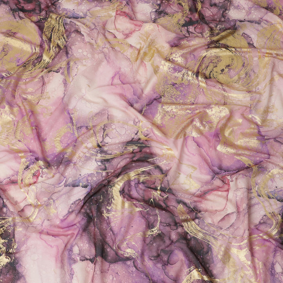 Light pink Premium Pure Italian cotton voile fabric with multicolor print having golden foil in abstract design-D15706